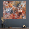 Brown canvas Abstract painting on a wall above a wooden console table with decorative items.