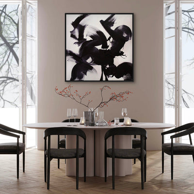 Extra large black abstract painting with dynamic curved brush movements and architectural composition