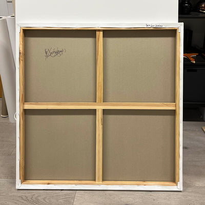 Wooden framed abstract canvas art with four separate panels in a neutral color scheme for wall display in a modern home or office setting.