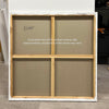 Wooden framed abstract canvas art display with caption describing the reverse side of the canvas.