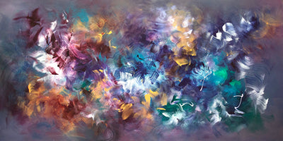large colourful abstract painting with purple teal and gold