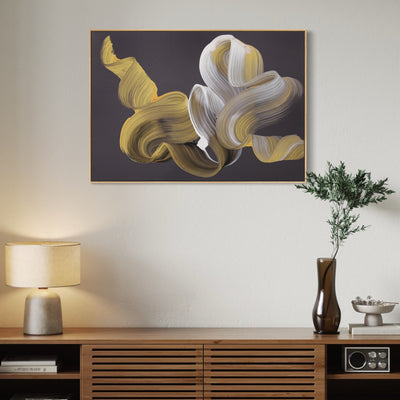 Holding a Dream by Paresh Nrshinga, gold and white abstract painting shown above a sideboard in a living room
