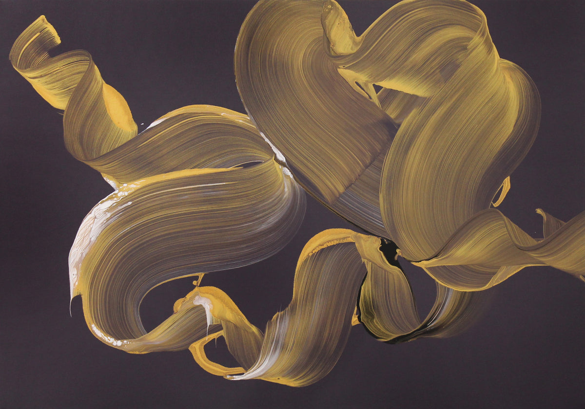 Whispered Gold by Paresh Nrshinga, gold and ochre on a dark ground abstract painting, original canvas view