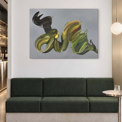The Rhythm Within by Paresh Nrshinga, large abstract painting shown above a green sofa in a modern lounge