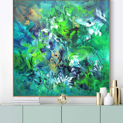 Birds Of Paradise by Paresh Nrshinga, original abstract painting displayed in an interior