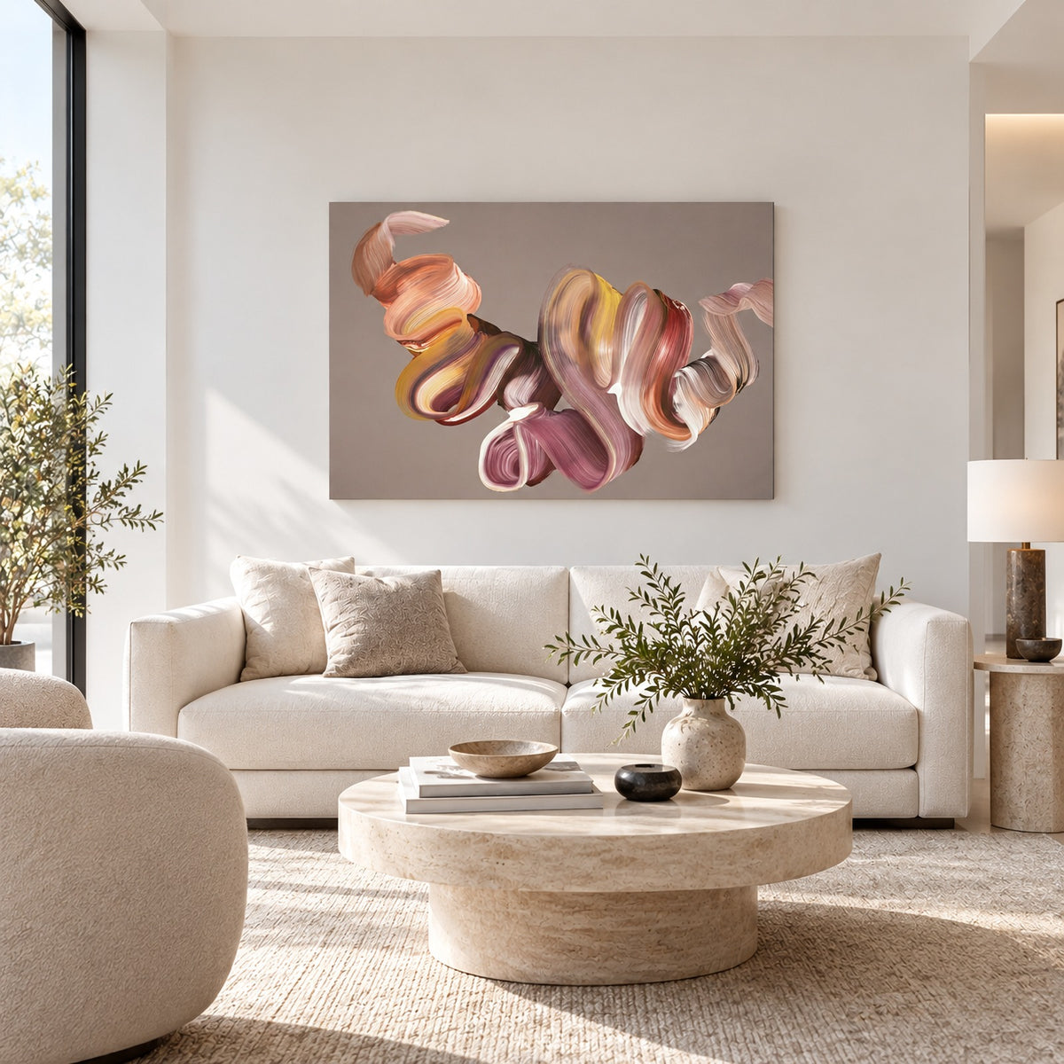 Moments in Motion by Paresh Nrshinga, pink and plum abstract painting shown above a sofa in a bright living room