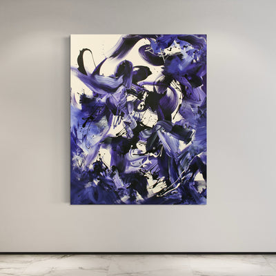 Unleashed by Paresh Nrshinga, large purple and black abstract painting on a pale grey wall
