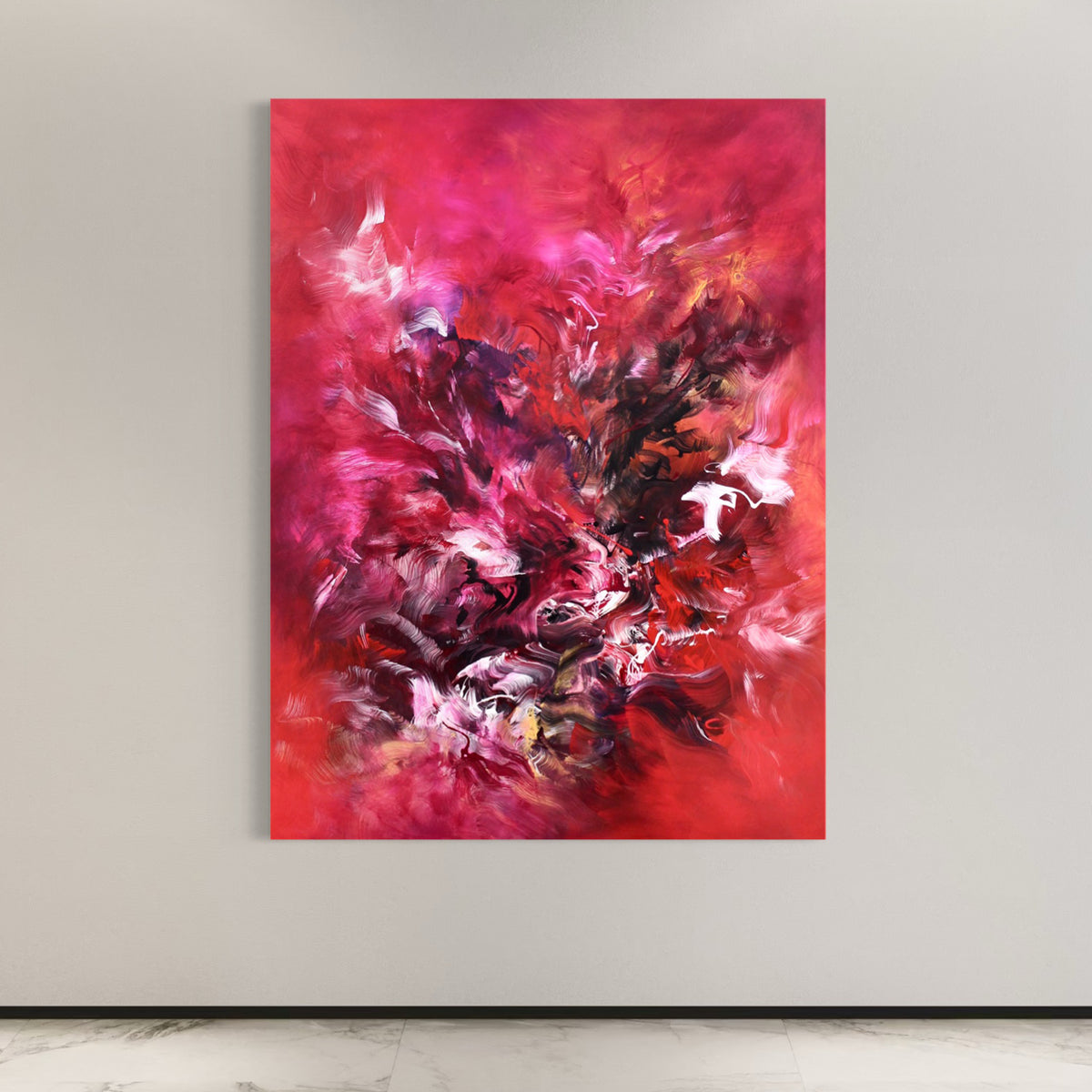 No Holding Back by Paresh Nrshinga, large red and pink abstract painting on a pale grey wall