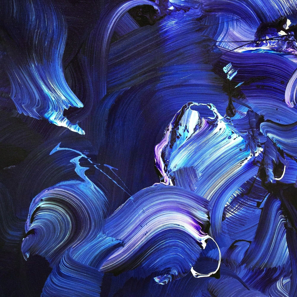 Vibrant blue abstract canvas painting featuring swirling, textured brushstrokes and dynamic movement, creating a captivating modern art piece.