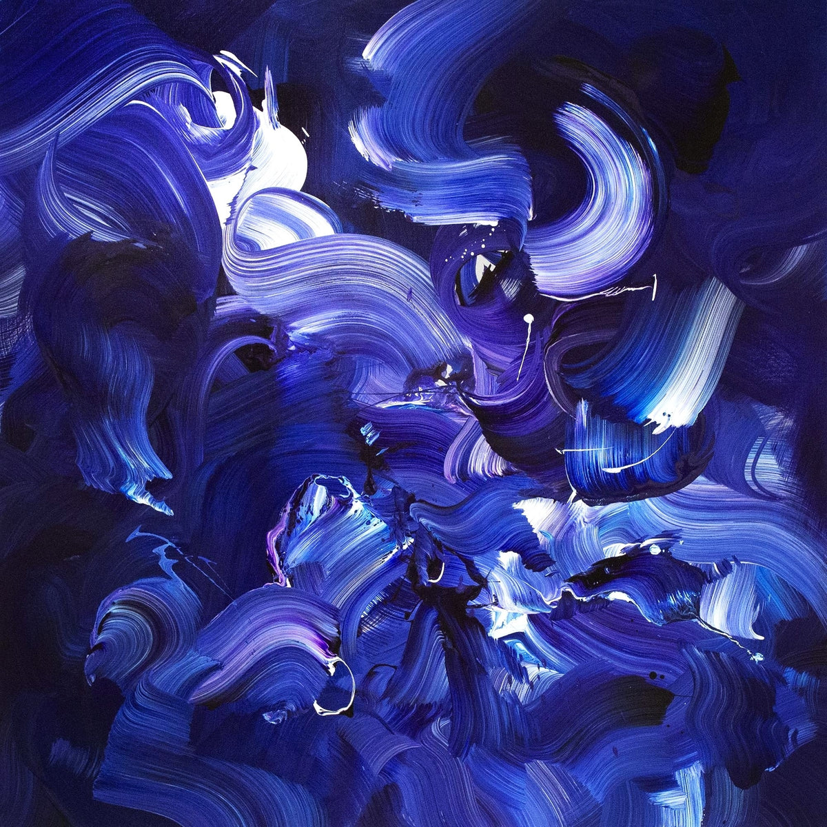 Vibrant abstract blue canvas art with dynamic, swirling brushstrokes and a bold, contemporary design.