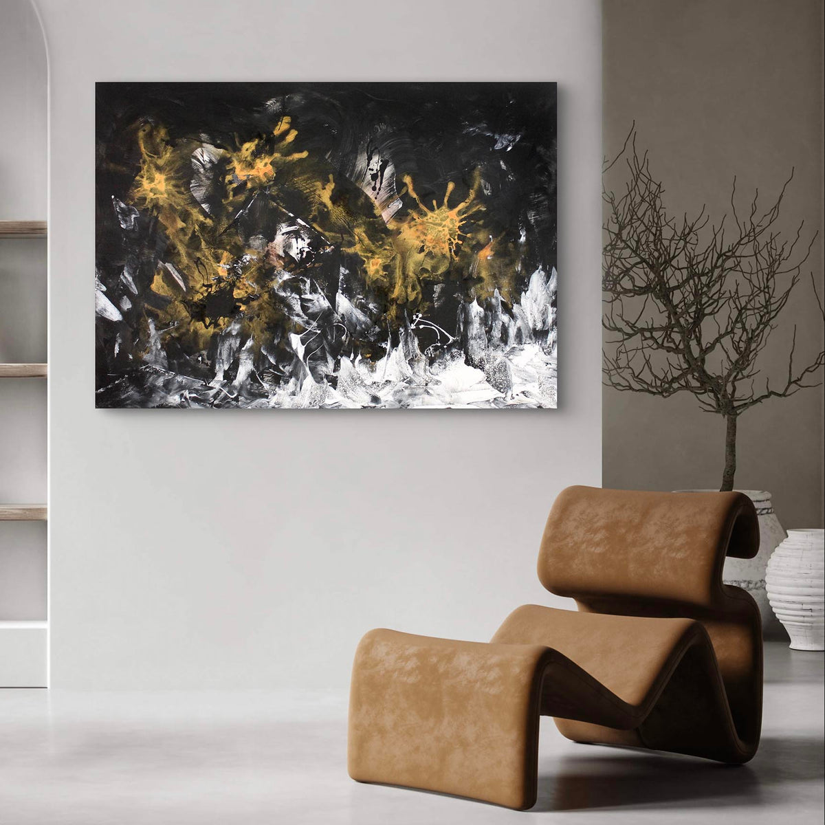Light Over The Ridge, original Black, White abstract painting by Paresh Nrshinga displayed in a contemporary interior.