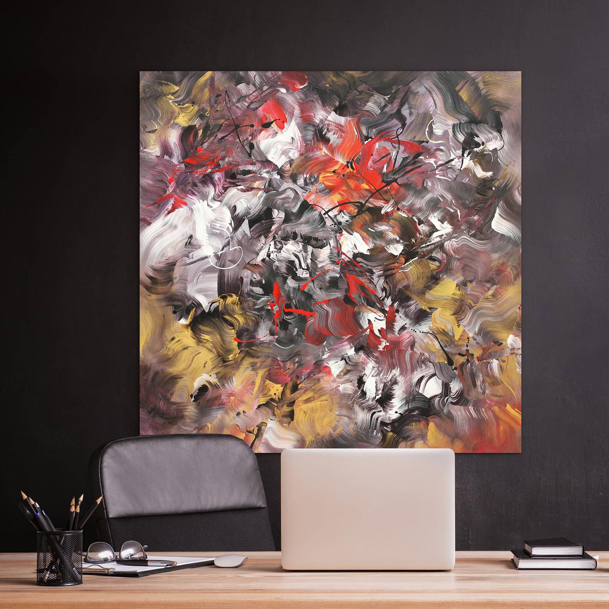 Listen To The Wind, original Brown, Gold abstract painting by Paresh Nrshinga displayed in a contemporary interior.