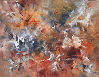 Autumn Breeze II by Paresh Nrshinga, amber, rust and grey abstract painting, displayed in a room setting