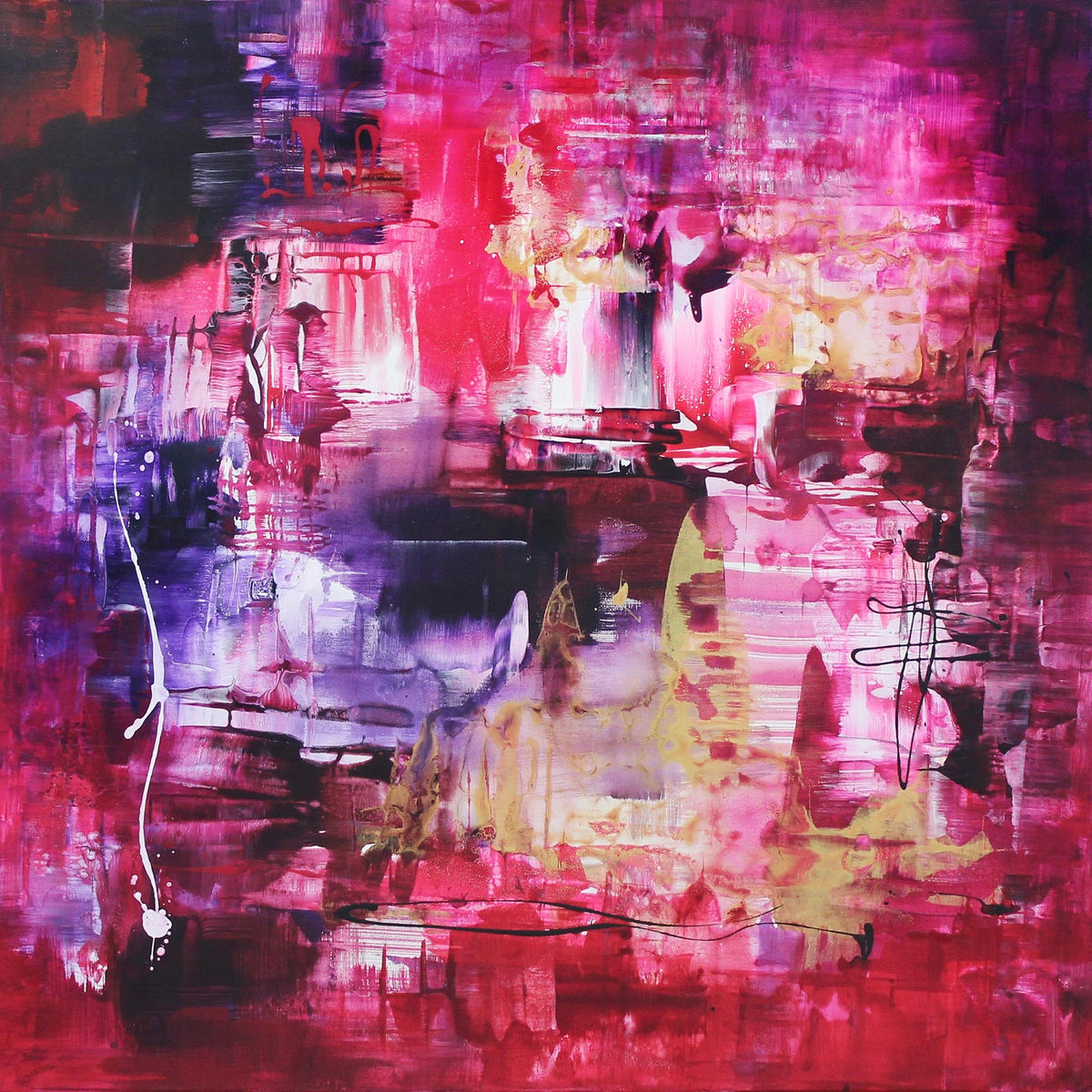 London Lights, original Crimson, Gold, Pink abstract painting by Paresh Nrshinga.