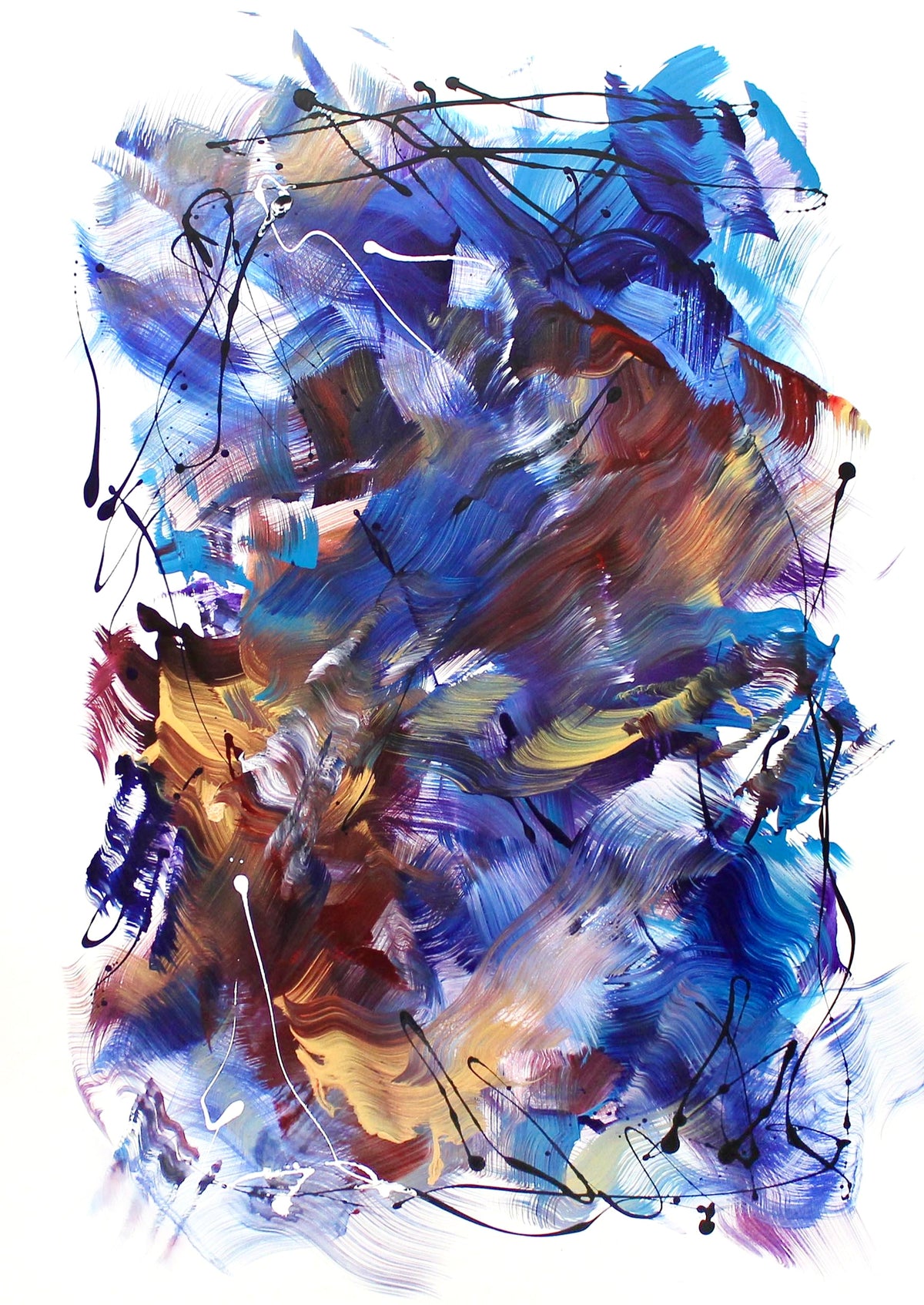 Large vibrant abstract painting with dynamic brushstrokes in shades of blue, purple, orange, and brown. Energetic, colorful canvas artwork depicting an abstract landscape or natural scene.