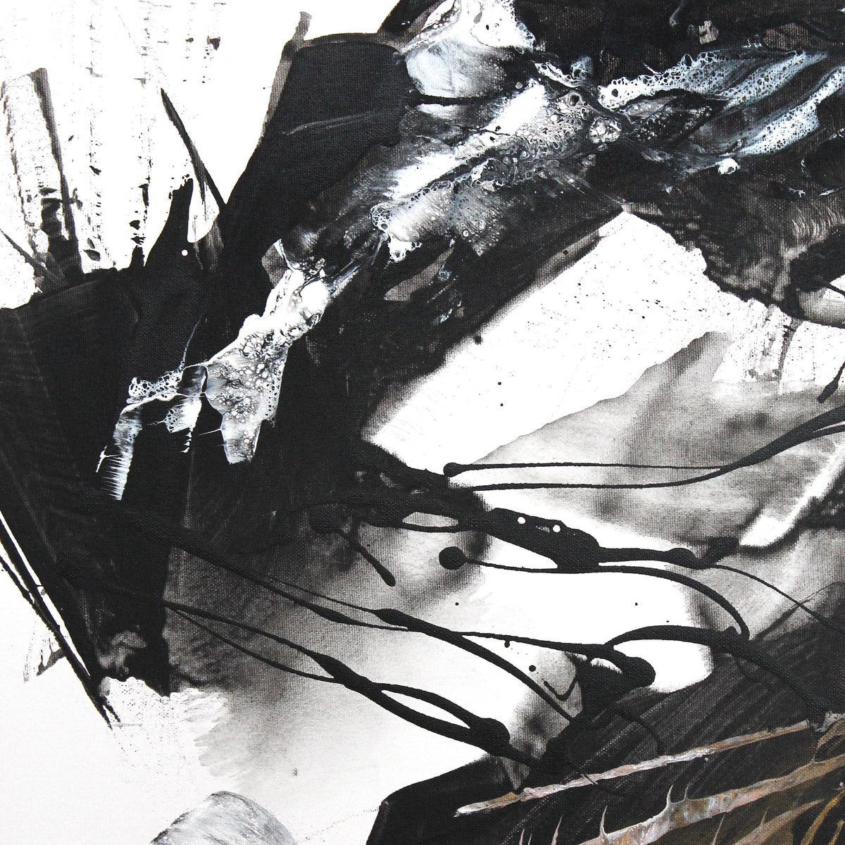 Dramatic monochrome abstract painting with bold, expressive brushstrokes and dynamic contrasts between light and dark elements.