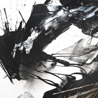 Dramatic monochrome abstract painting with bold, expressive brushstrokes and dynamic contrasts between light and dark elements.