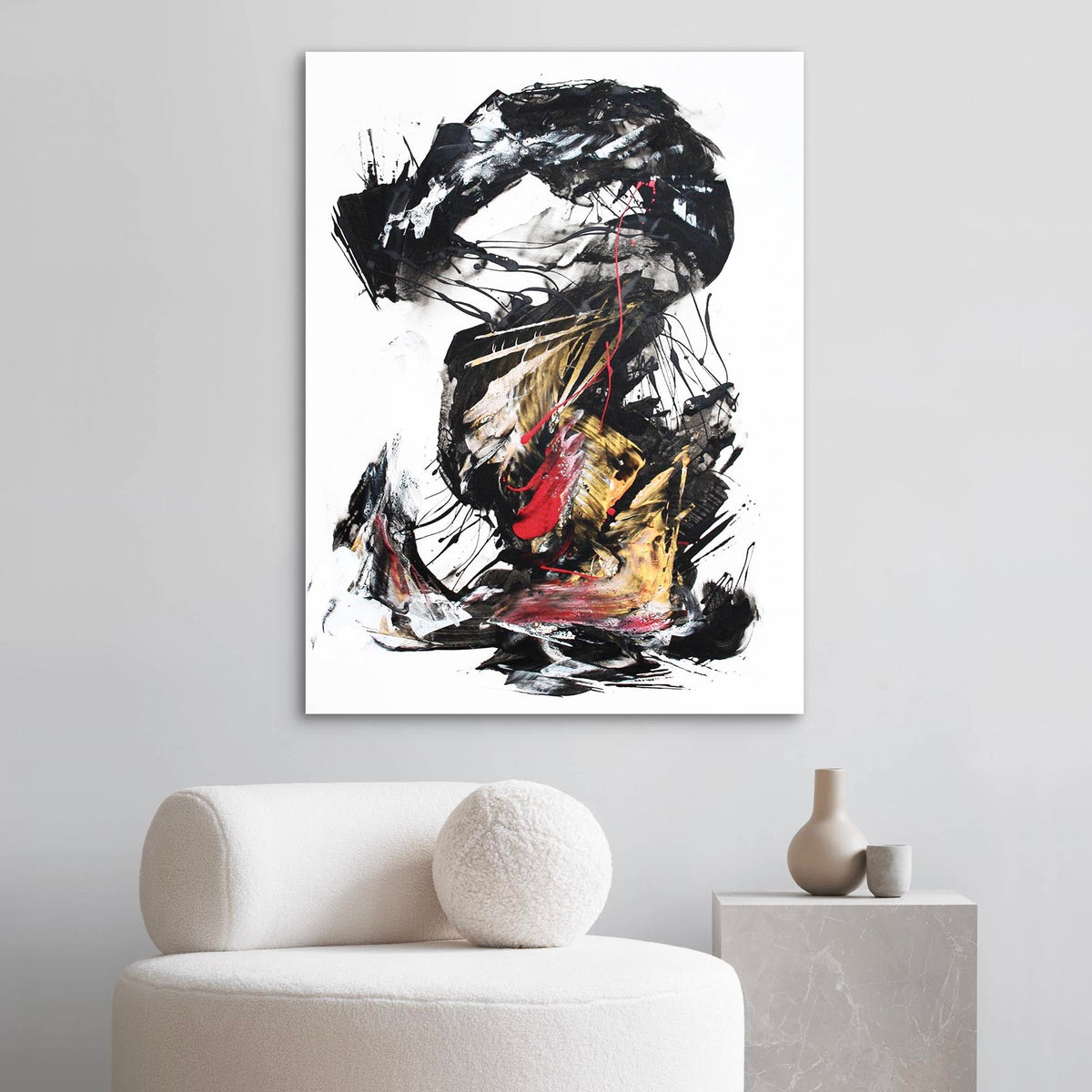 Expressive abstract painting with dramatic brushstrokes and vibrant colors depicting a dynamic, captivating composition.