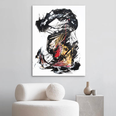 Expressive abstract painting with dramatic brushstrokes and vibrant colors depicting a dynamic, captivating composition.