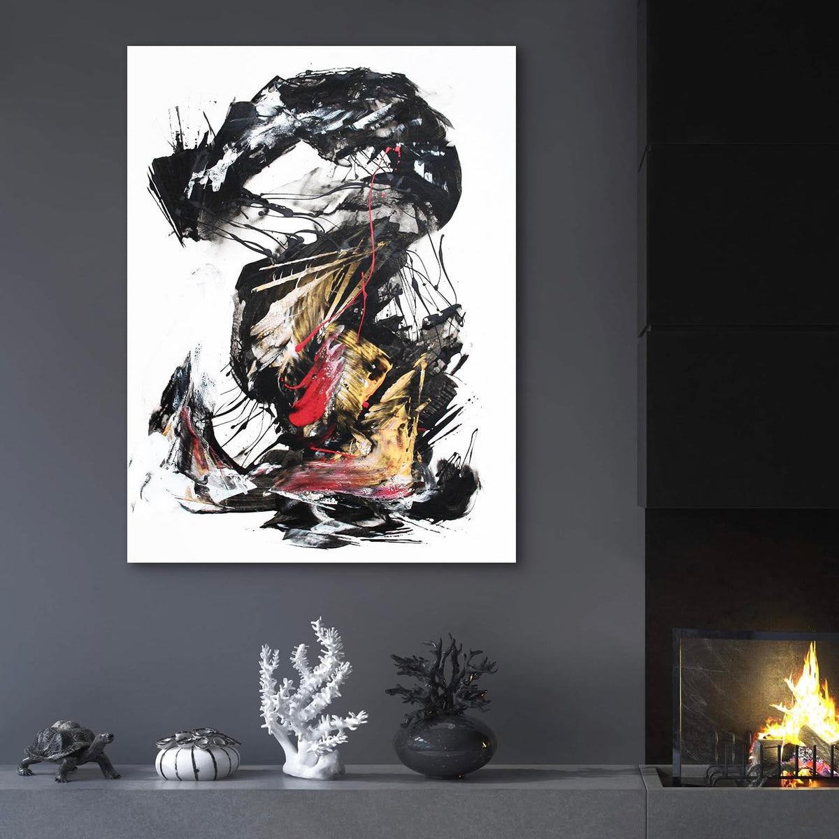 Expressive abstract artwork "Rise of the Dragon" - vibrant red, black, and white painting with dynamic brushstrokes, displayed on a dark wall with minimal decor.