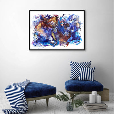 Large abstract painting with vibrant blue, purple, and orange hues, depicting a dynamic and expressive artwork for modern decor.