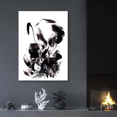 Monochrome abstract art piece with fluid, dynamic forms displayed on a dark gray wall above a rustic fireplace setting.