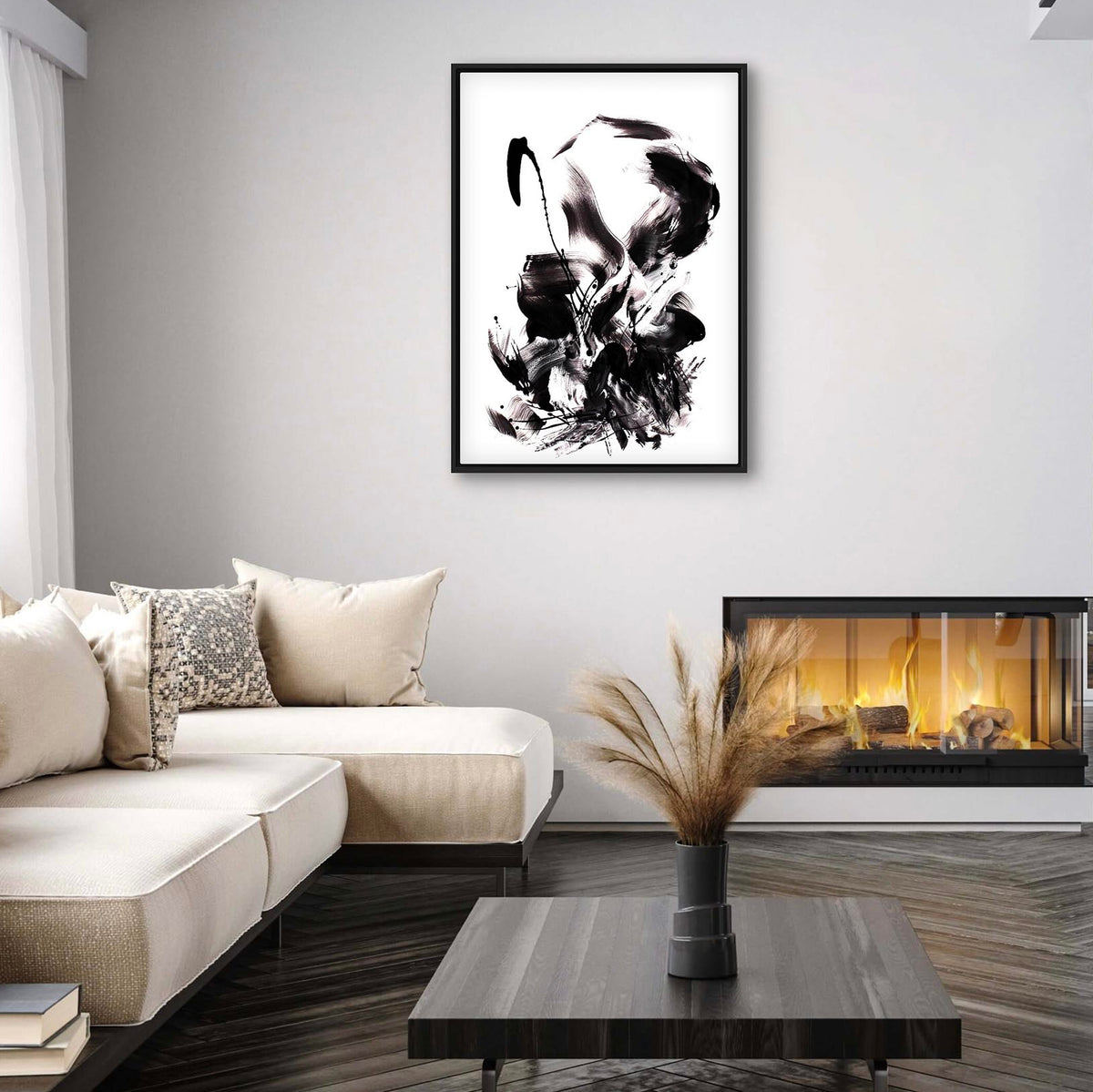 Elegant abstract artwork displayed in modern living room with cozy seating and fireplace
