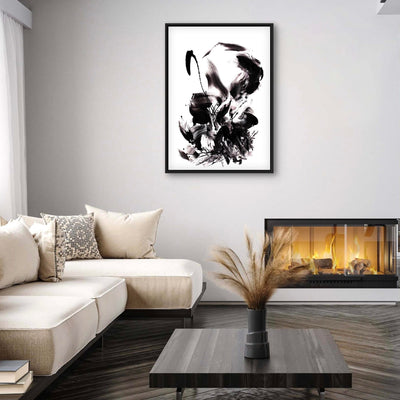 Elegant abstract artwork displayed in modern living room with cozy seating and fireplace