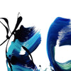 Vibrant abstract painting in shades of blue, black, and turquoise with dynamic brushstrokes and expressive textures