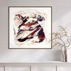 Large abstract square artwork with earthy brown and black tones, titled "Follow My Light 30x30". The painting is displayed on a white wall above a wooden shelf, with a decorative plant vase adding a natural touch to the scene.