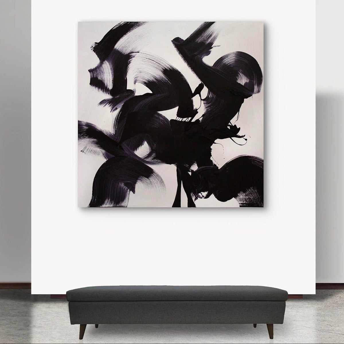 Large minimalist black abstract painting with bold sweeping brushstrokes on white background by Paresh Nrshinga Art