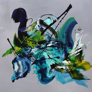 Vibrant abstract artwork with swirling emerald and turquoise hues, bold brushstrokes, and captivating textures on a large canvas.