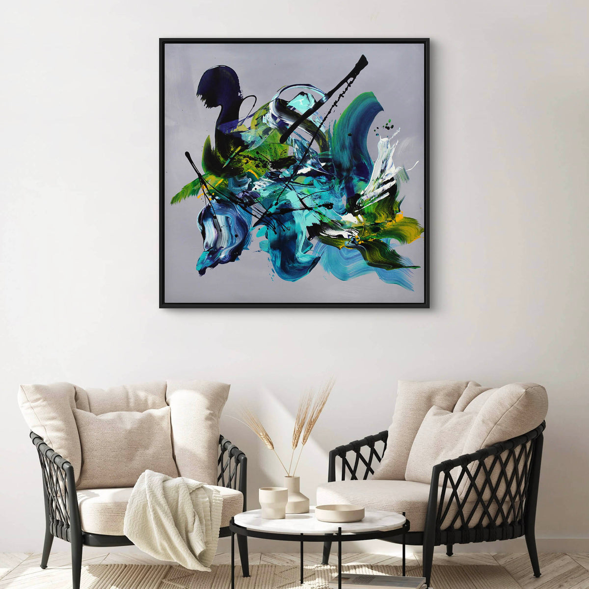 Large square abstract painting in teal, emerald and turquoise tones for commercial spaces