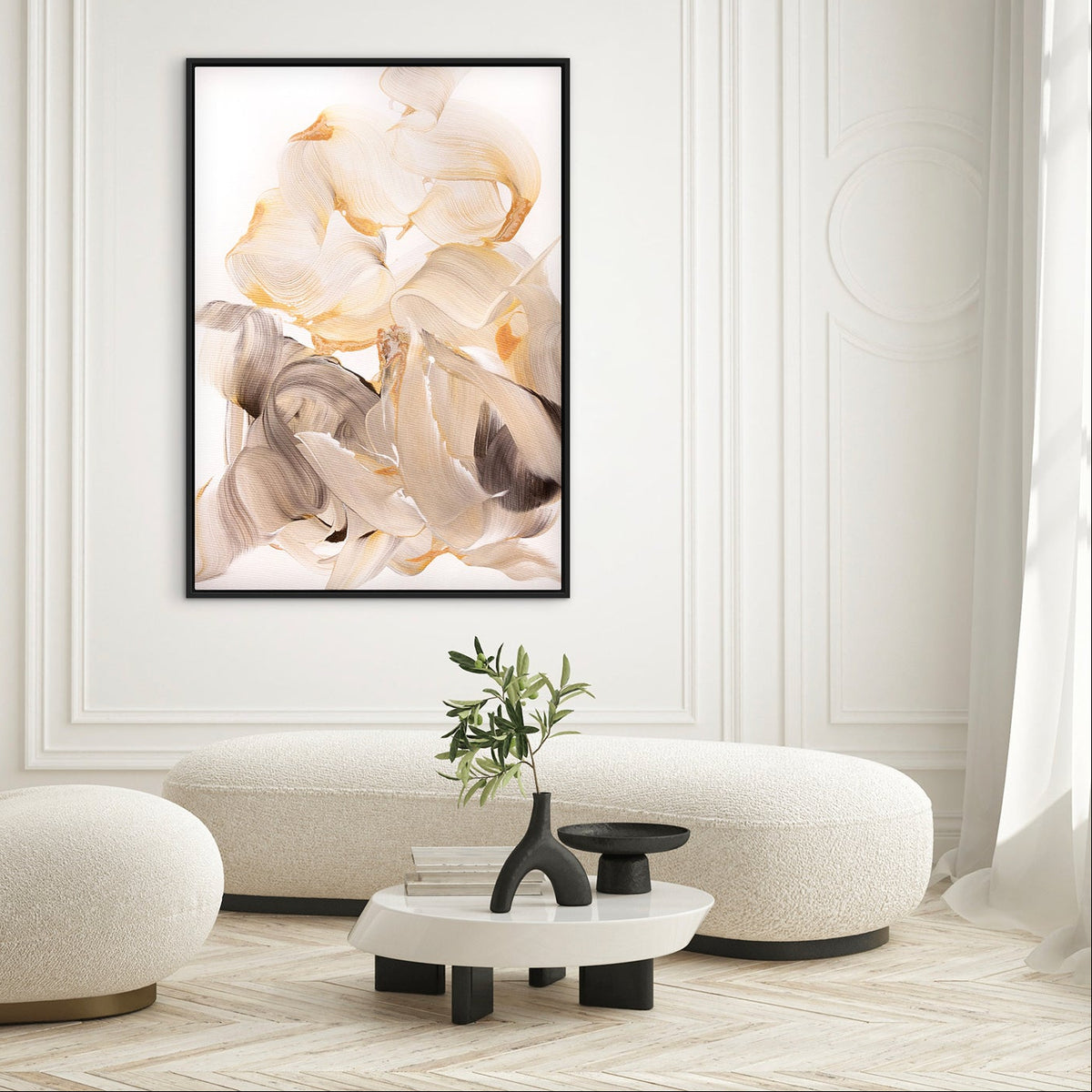 Quiet Light by Paresh Nrshinga, ivory and gold abstract painting, another interior view