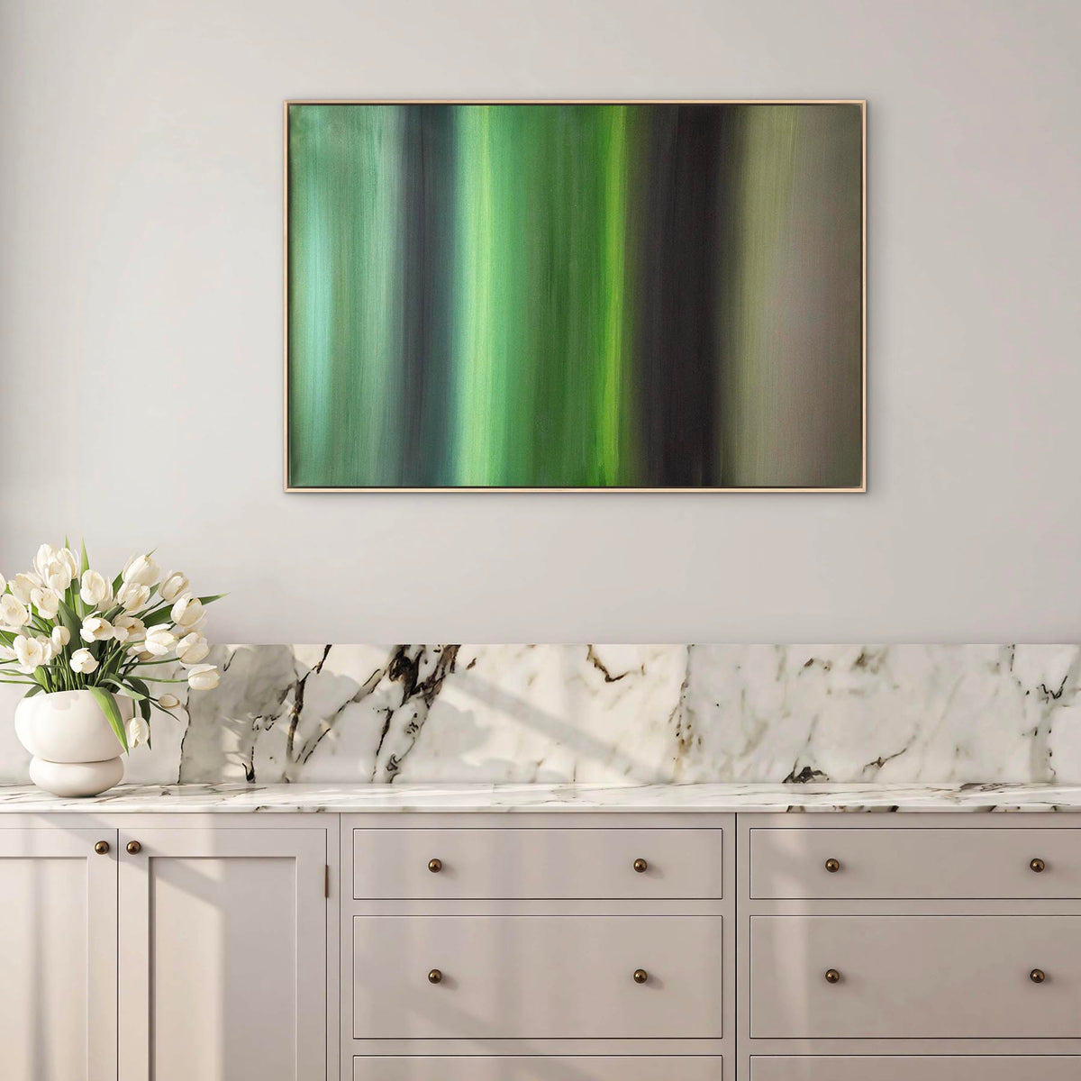 Echoes Of Spring by Paresh Nrshinga, green abstract canvas shown above a sideboard