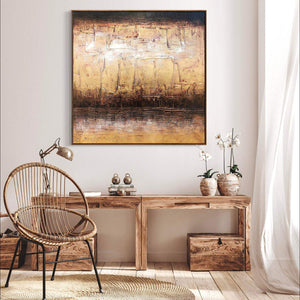 mixed media abstract paintings for sale, gold leaf abstract landscape collage, textureDelta Dawn (mixed media) 40”x40” - Paresh Nrshinga Abstract Art painting, gold brown artwork, 