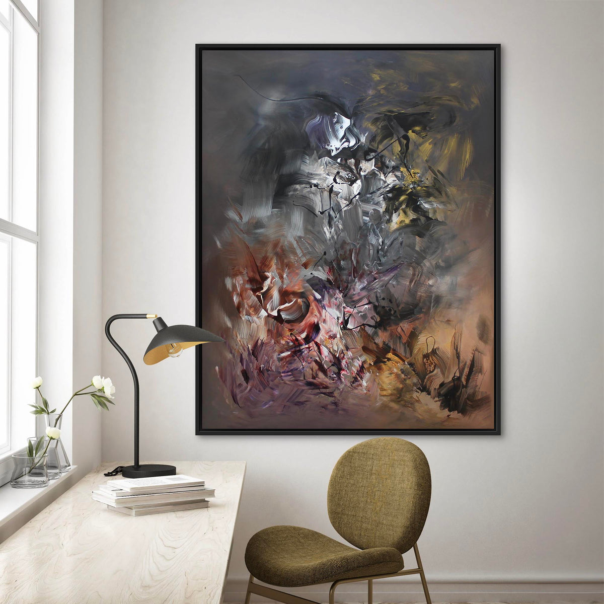 Mocha Symphony, original abstract painting by Paresh Nrshinga displayed in a contemporary interior.