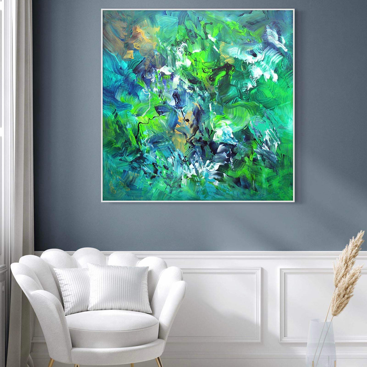 Birds Of Paradise by Paresh Nrshinga, deep green, teal and gold abstract painting