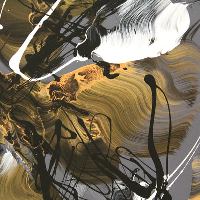 Golden Whispers II, gold and charcoal abstract painting displayed in a commercial interior
