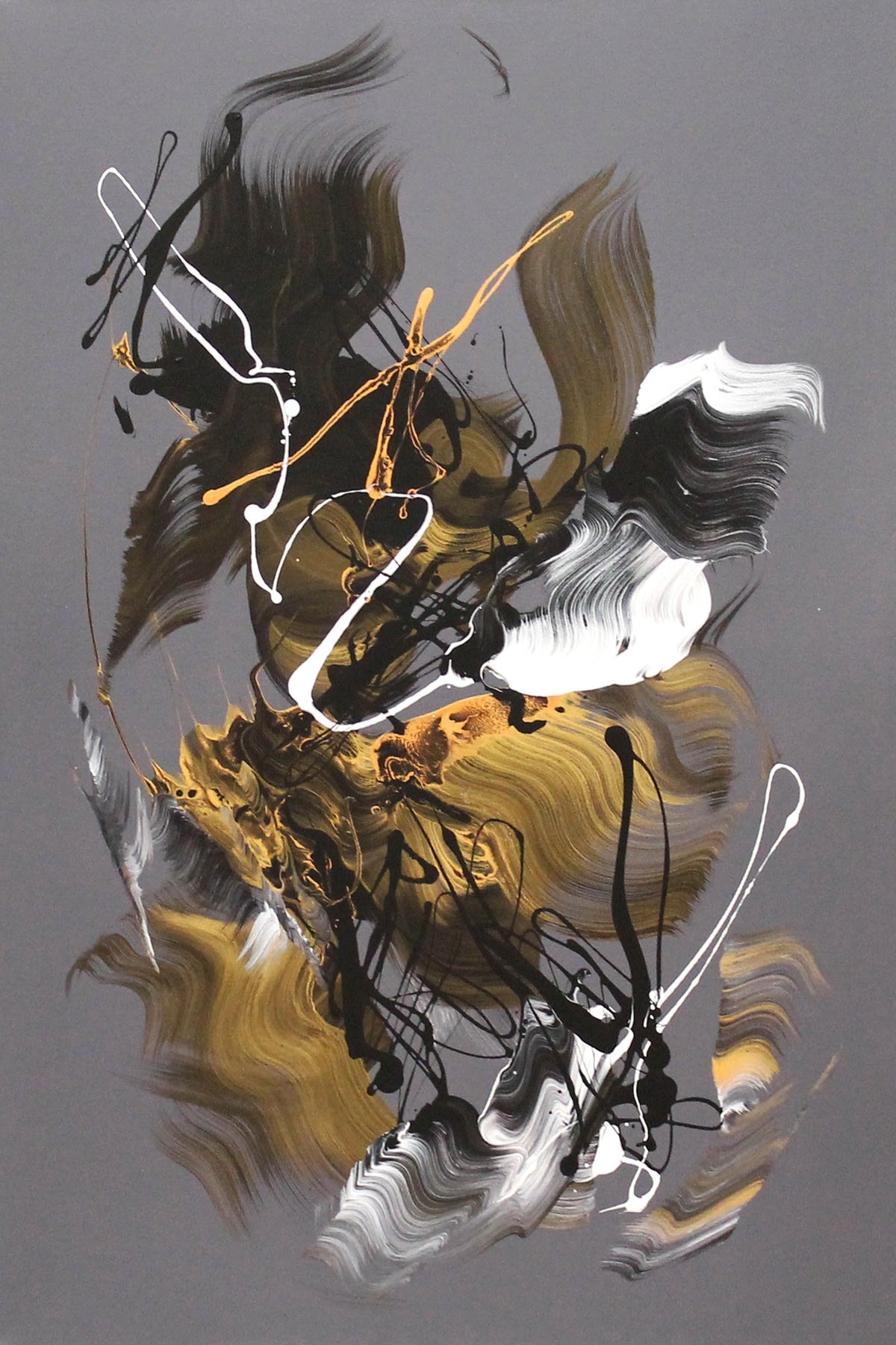 Golden Whispers II by Paresh Nrshinga, gold, ivory and charcoal abstract painting, original canvas view