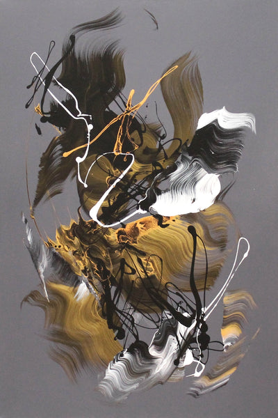 Golden Whispers II by Paresh Nrshinga, gold, ivory and charcoal abstract painting, original canvas view