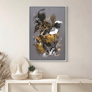 An original abstract painting “Golden Whispers II" by Paresh Nrshinga, - this captivating piece features a taupe background with sides carefully painted, creating a seamless, gallery-ready presentation that requires no framing. Vibrant brushstrokes and splashes of yellow, black, gold, and white acrylic paint dance across the canvas, showcasing Nrshinga’s mastery of flow painting. The composition exudes energy and depth, making it an ideal large centrepiece for contemporary interiors.