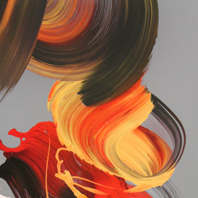 Fiery Symphony III, original abstract painting with warm red and gold brushwork