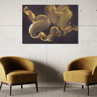Whispered Gold by Paresh Nrshinga, gold and ochre on a dark ground abstract painting, another interior view