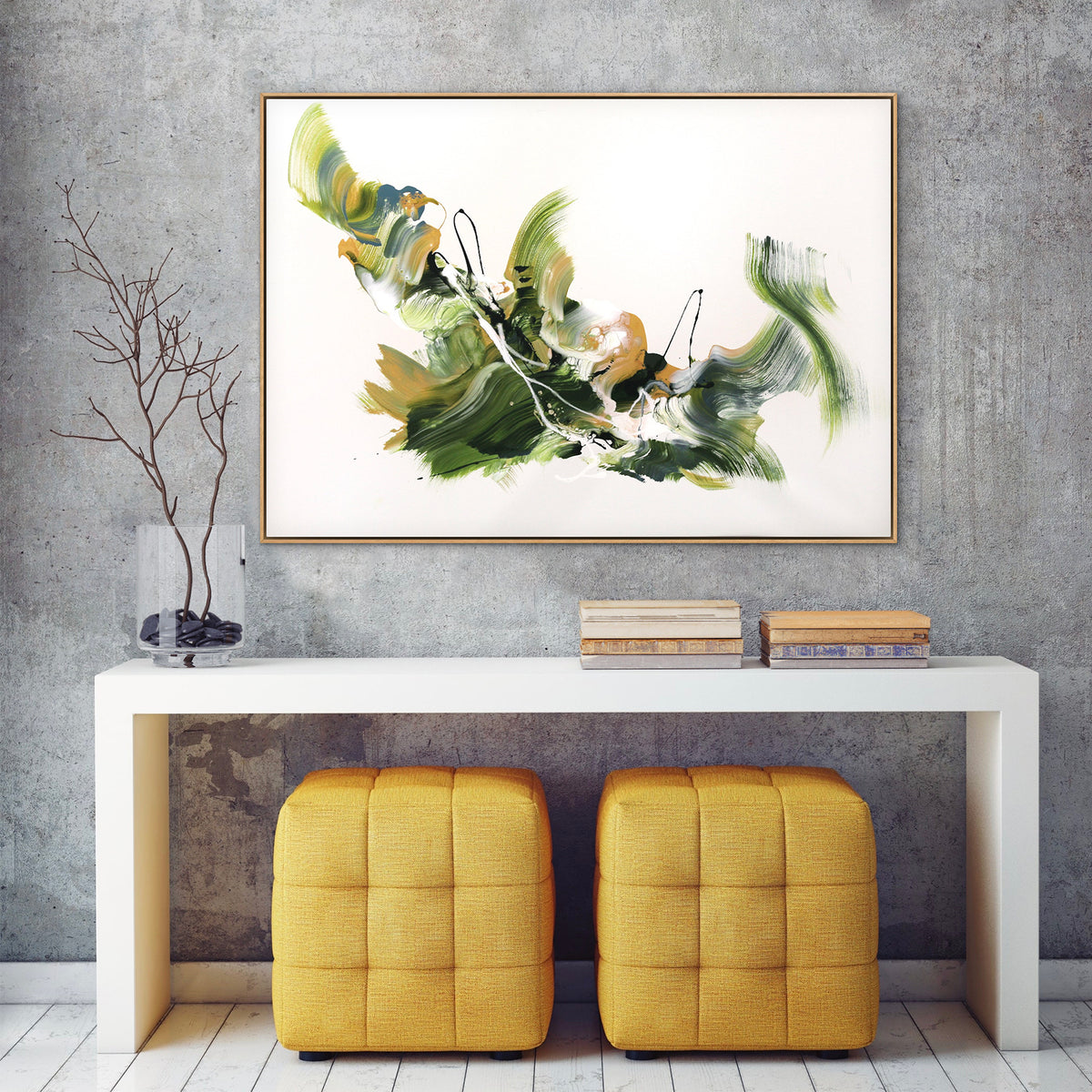 Held by Pale Light by Paresh Nrshinga, pale green, grey and white abstract painting, another interior view