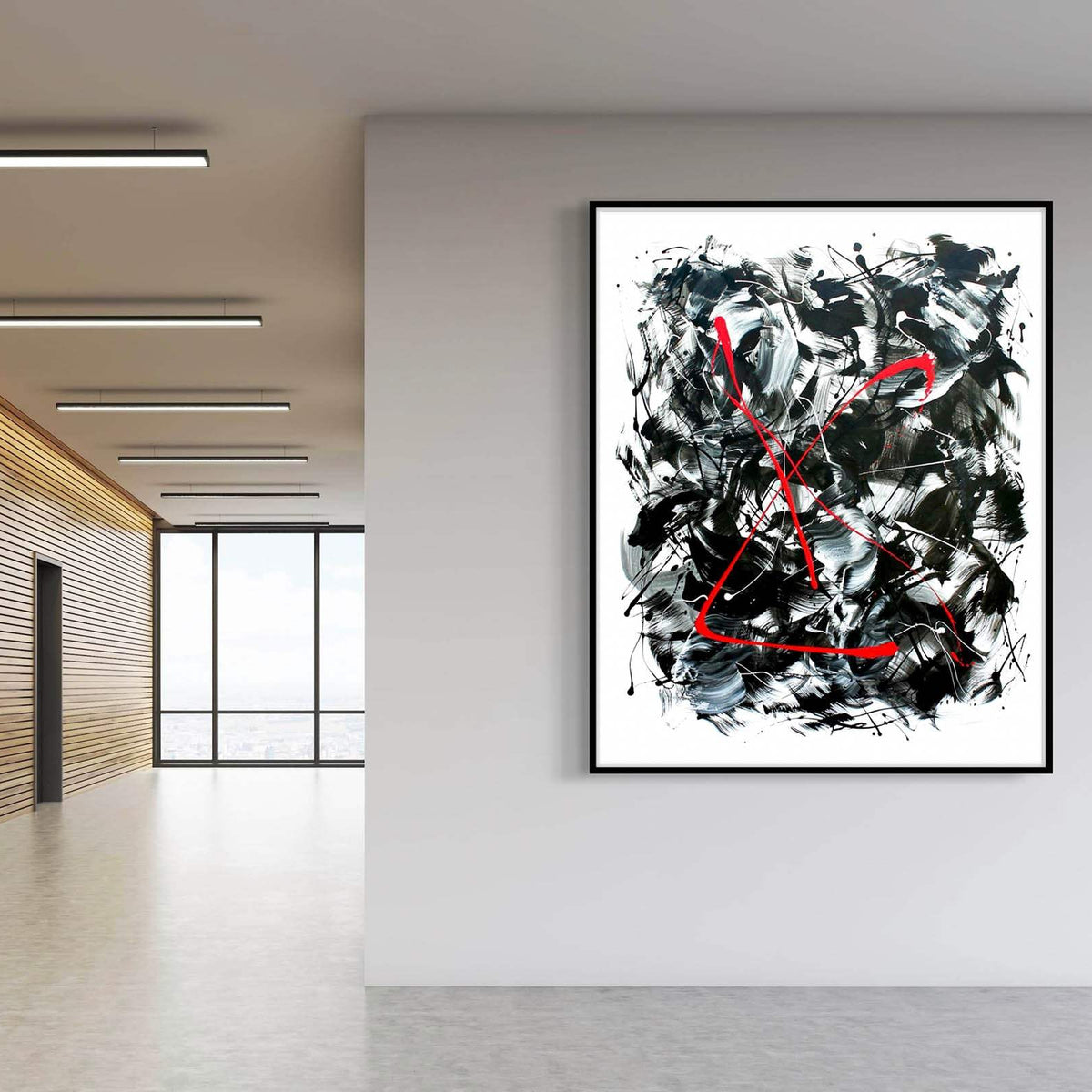Modern abstract canvas art for living room featuring dynamic red geometric design over monochrome brushstrokes, statement piece