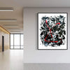 Modern abstract canvas art for living room featuring dynamic red geometric design over monochrome brushstrokes, statement piece