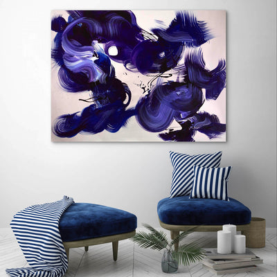 Modern statement abstract painting featuring layered blue brushstrokes and dynamic compositionAbstract Art