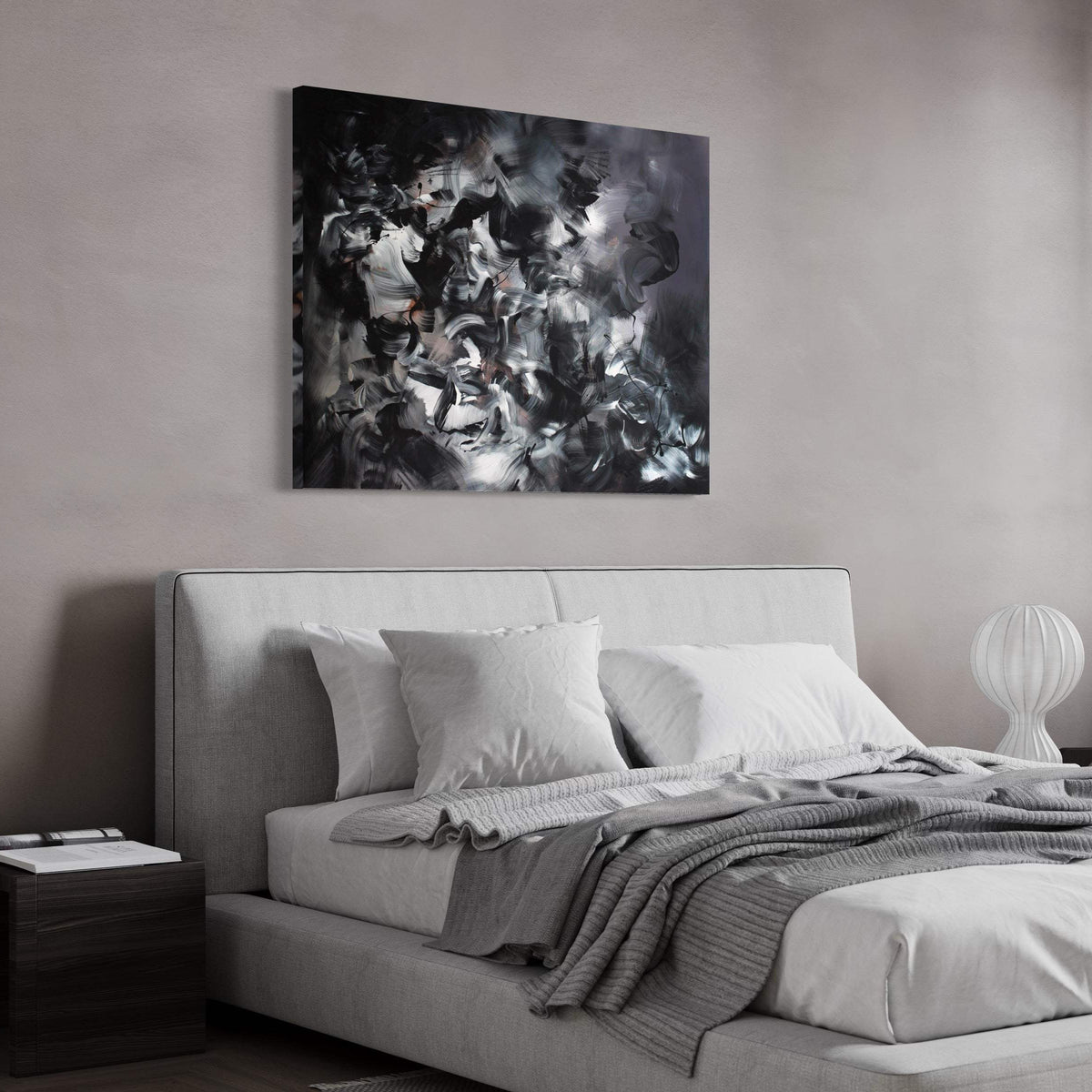 Captivating Black and White Abstract Art | Diamanté 100x130cm canvas displayed above a cozy bedroom with a minimalist white bed frame and bedding.