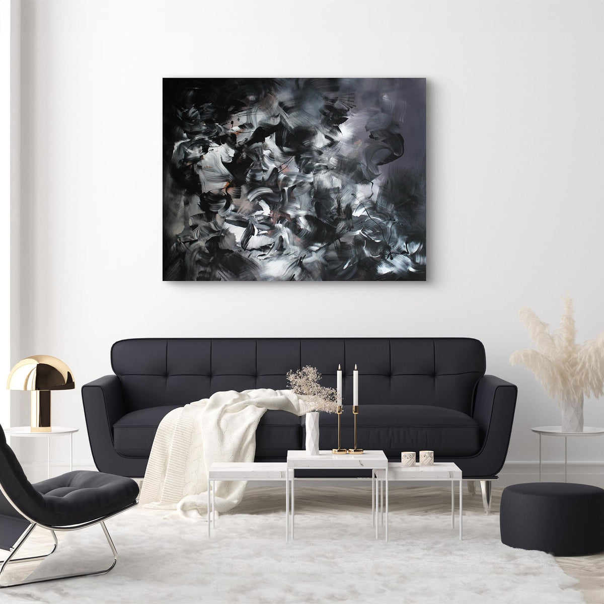 Striking abstract canvas artwork | Dramatic black and white composition with swirling, ethereal brushstrokes creates a captivating visual impact in this modern living room setting.